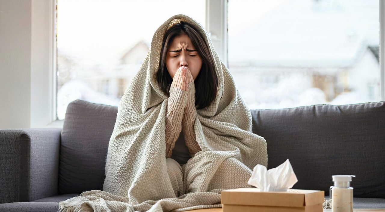 A lady wrapped in a blanket coughing, showing aversion to cold and discomfort