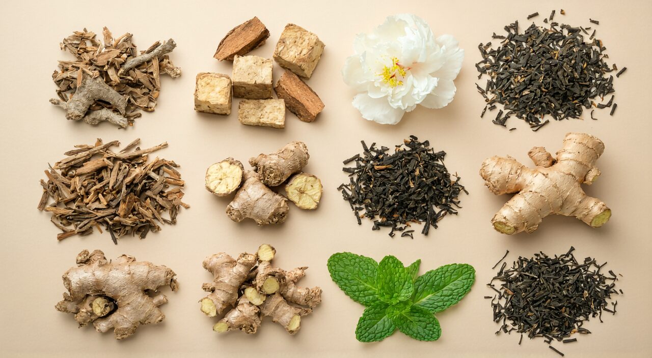 Close-up arrangement of the eight herbs in Xiao Yao San