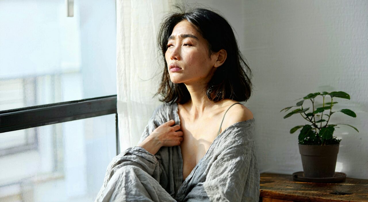 A woman sitting quietly by a window, appearing low-spirited and tired