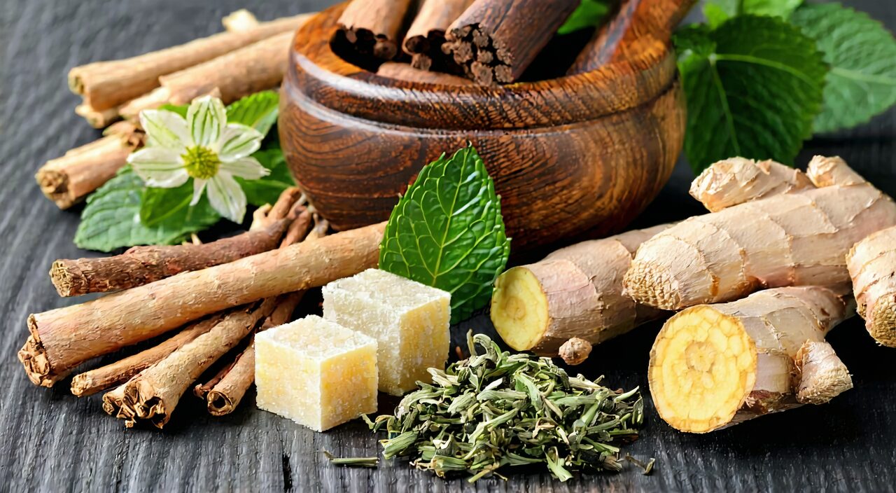 Natural light still life of the main herbal ingredients in Xiao Yao Wan