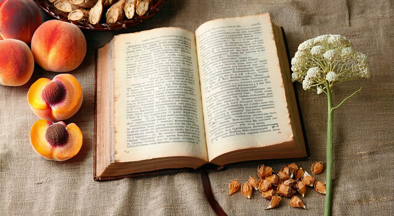 An open ancient medical text with blood-activating stasis-resolving herbs, illustrating the background of Xuefu Zhuyu Decoction's composition