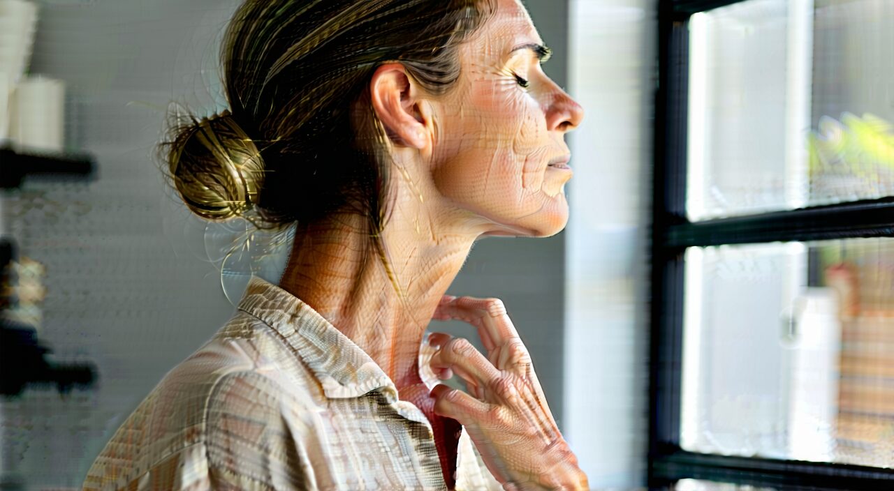 A woman lightly touches her throat area with a slightly uncomfortable expression, showing the state of throat dryness and overuse of the voice, without text.