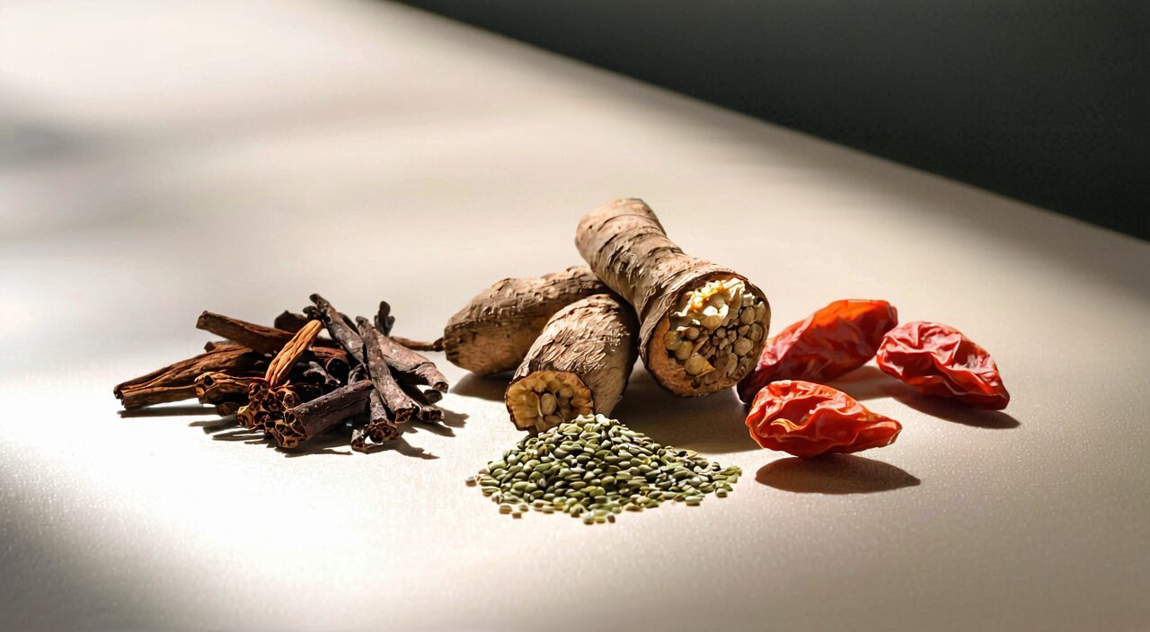 Close-up of Chinese herbal medicinals in Yi Guan Jian composition