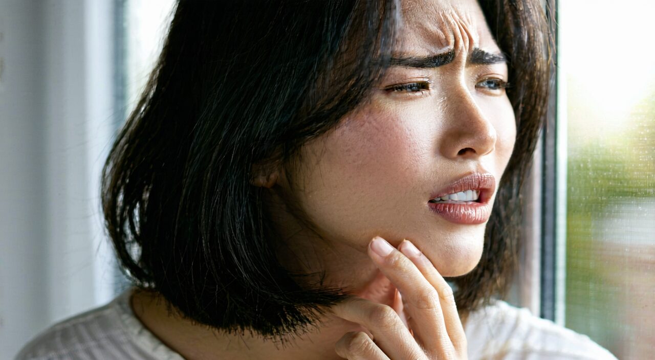 A woman feeling throat discomfort, expressing early wind-heat symptoms