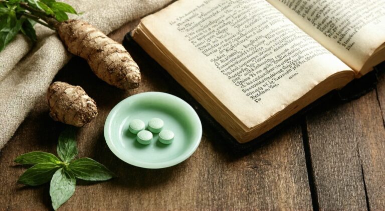 A quiet arrangement of traditional Chinese herbs and ancient books featuring the classic You Gui Wan formula for warming and tonifying kidney yang