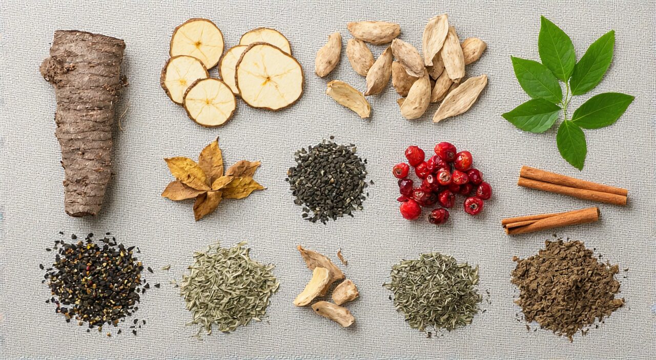 Main herbal ingredients of You Gui Wan, including prepared rehmannia root, Chinese yam, cornus fruit, goji berry, eucommia bark, etc.