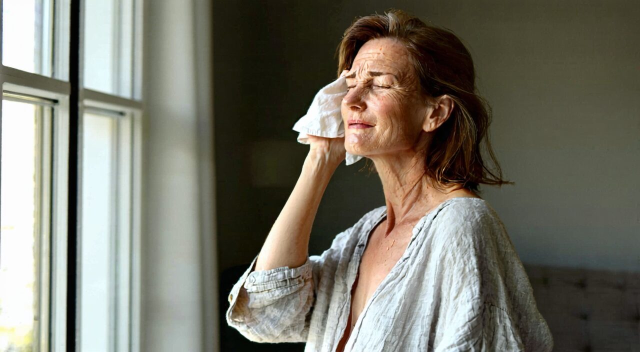 A woman with exterior deficiency and spontaneous sweating gently wiping sweat, reflecting a state of wind aversion and easy sweating.