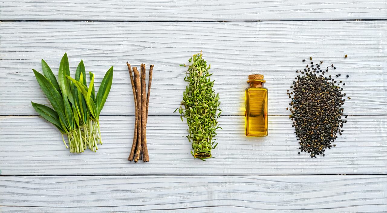 An arranged display of the five herbs in Yueju Wan, a clean composition under natural light.
