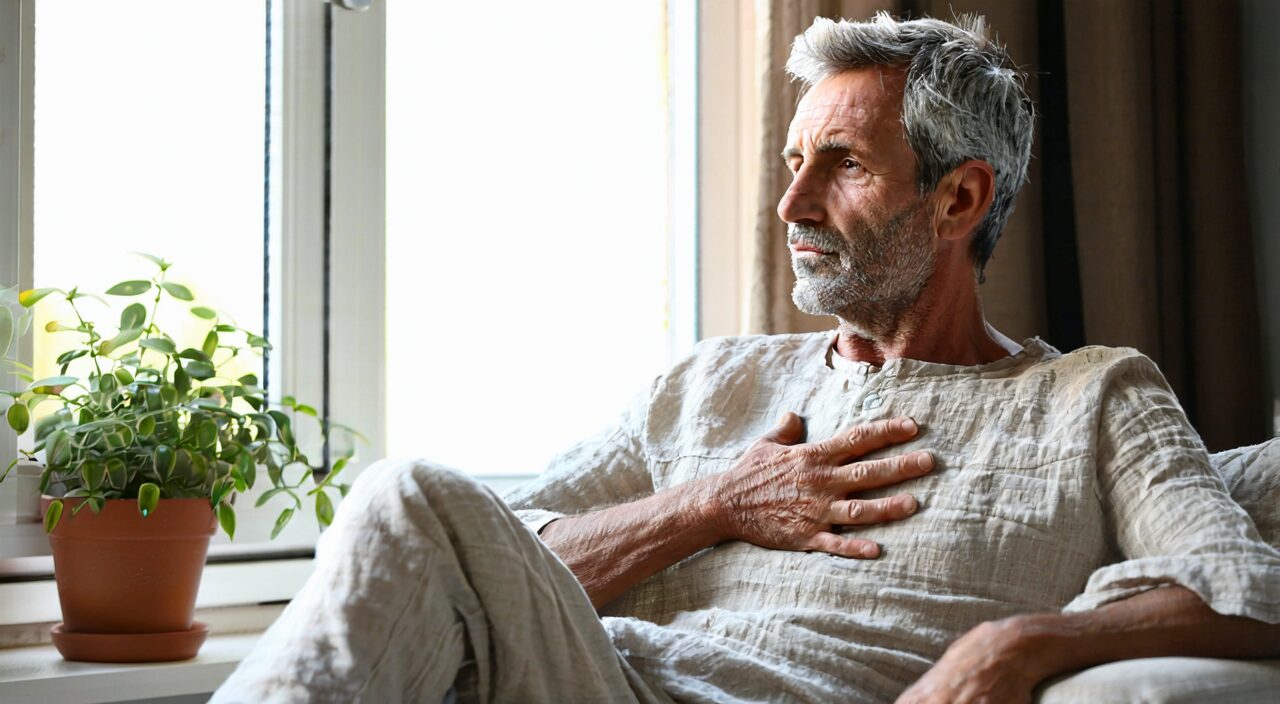 A person sitting by a window, gently touching the chest, illustrating a state of chest and rib-side distension.