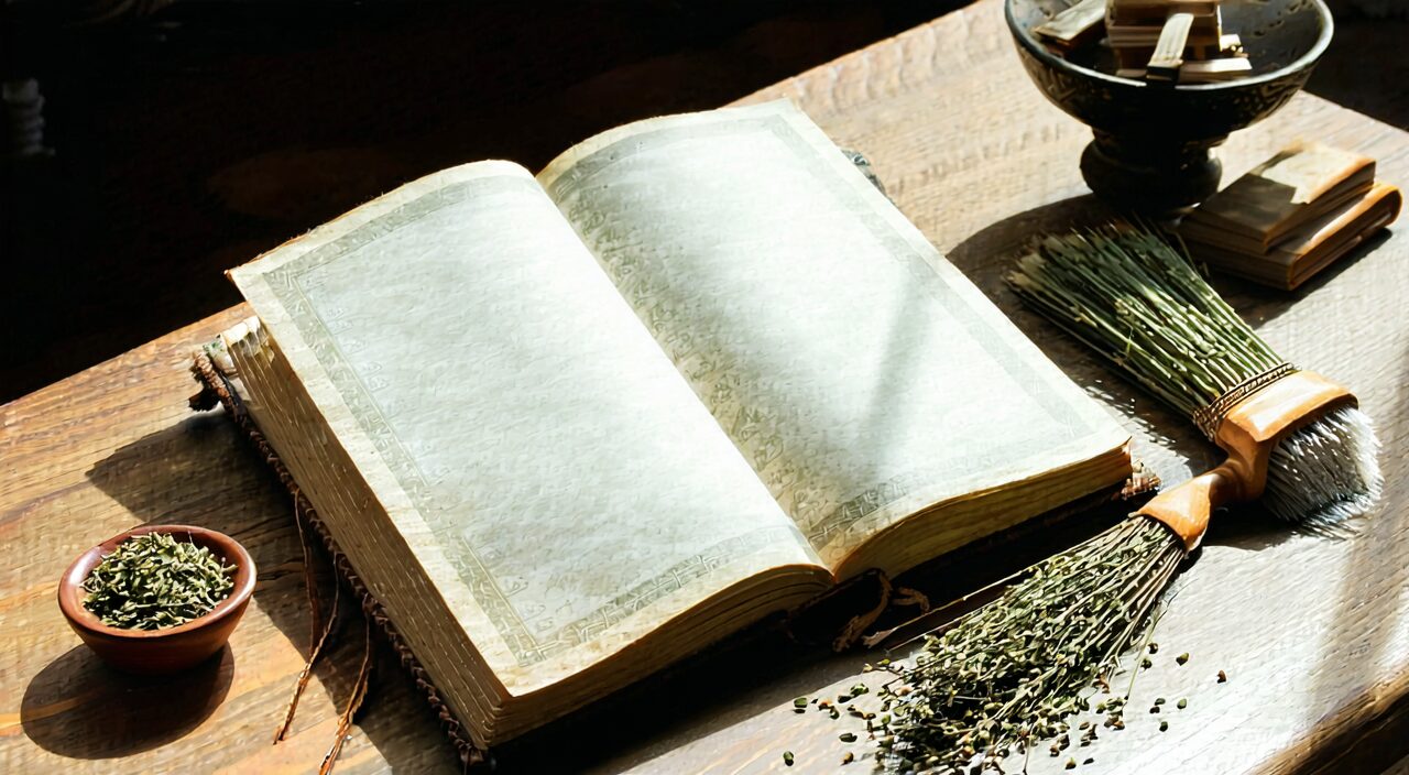 An open blank ancient book with a few medicinal herbs, hinting at the literary source of Yueju Wan.