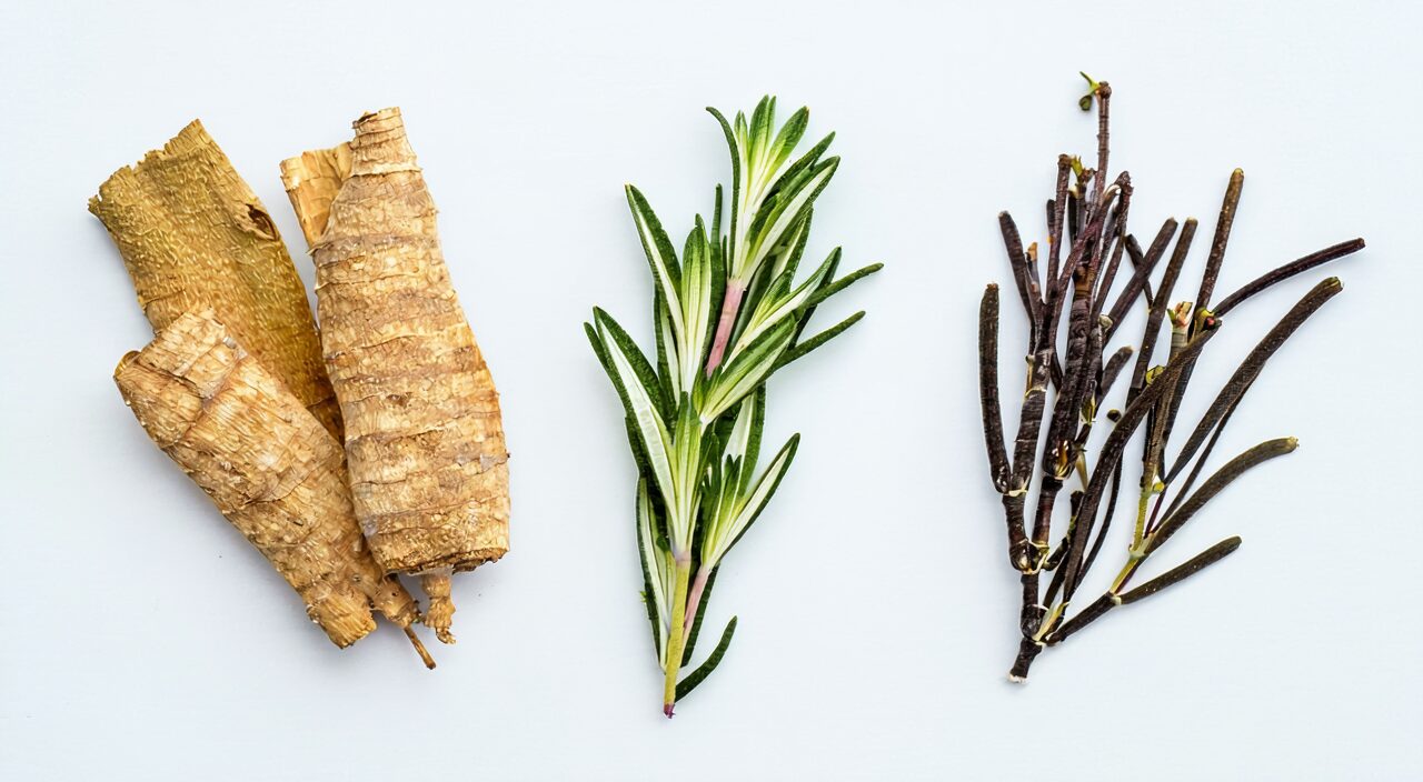 Main herbs in Zeng Ye Tang: Scrophularia Root (Xuan Shen), Ophiopogon Tuber (Mai Dong), and Rehmannia Root (Sheng Di Huang), neatly arranged on a light background.