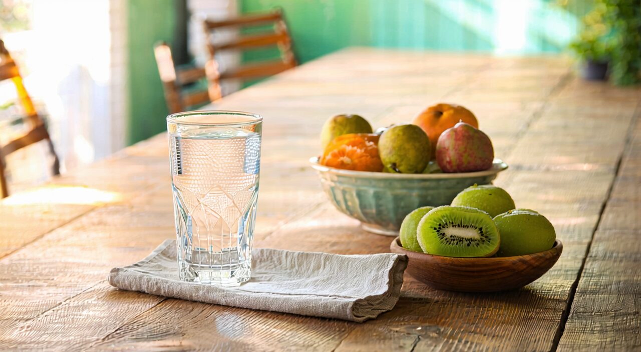 A glass of water and fresh fruits, indicating the basic role of hydration and diet in daily management of constipation.