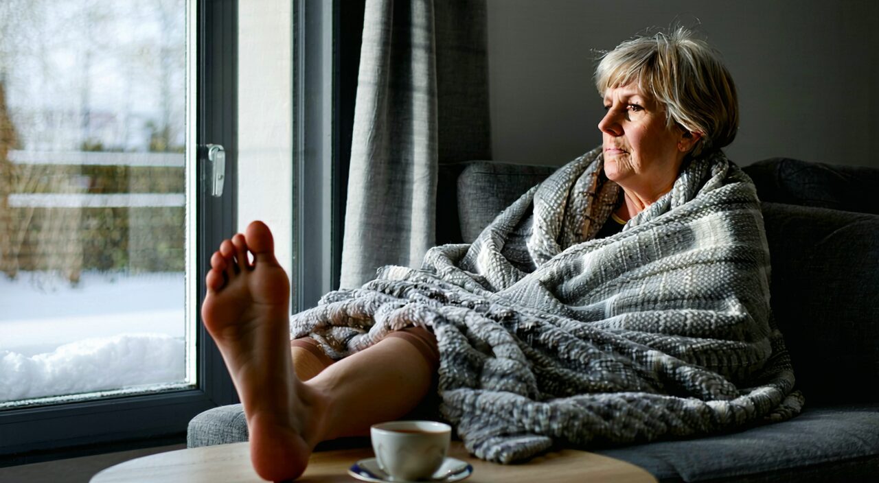 A person curled up on a sofa with slight ankle swelling and a blanket, expressing aversion to cold and tendency towards edema