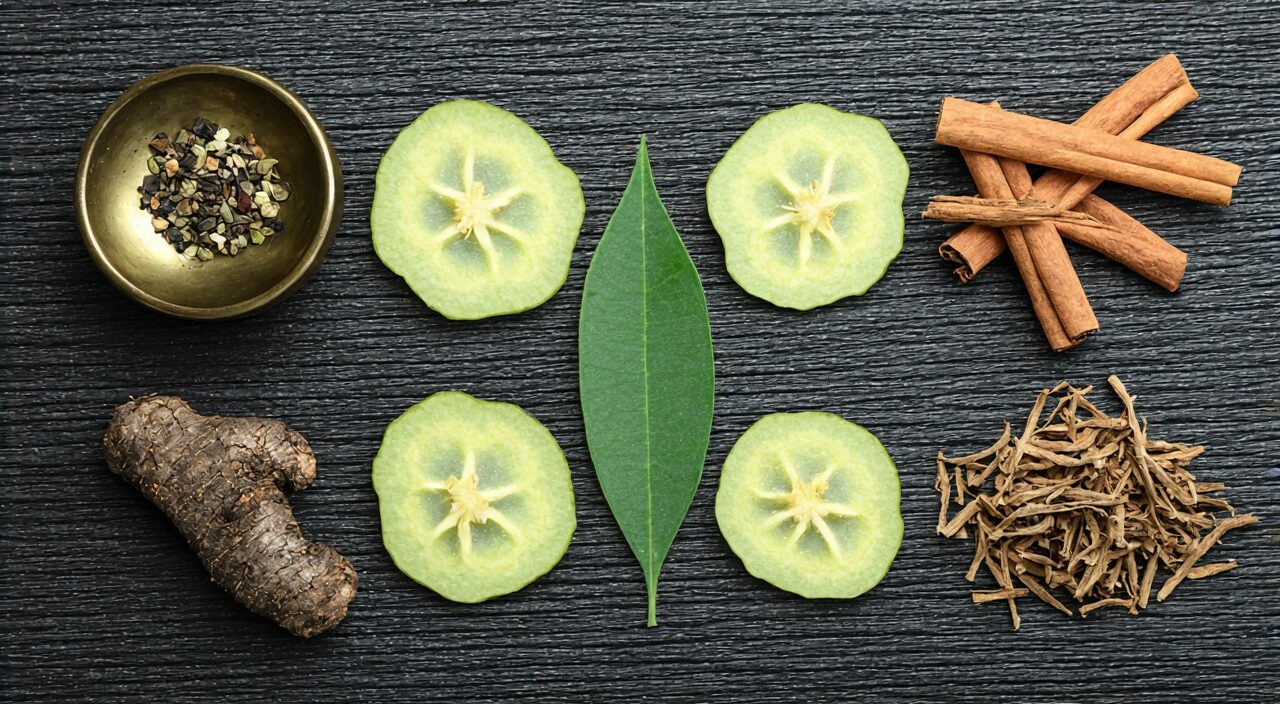 以炙甘草饮片为中心的多种中药材平铺组合,旁边放有陶瓷药碗和传统药秤