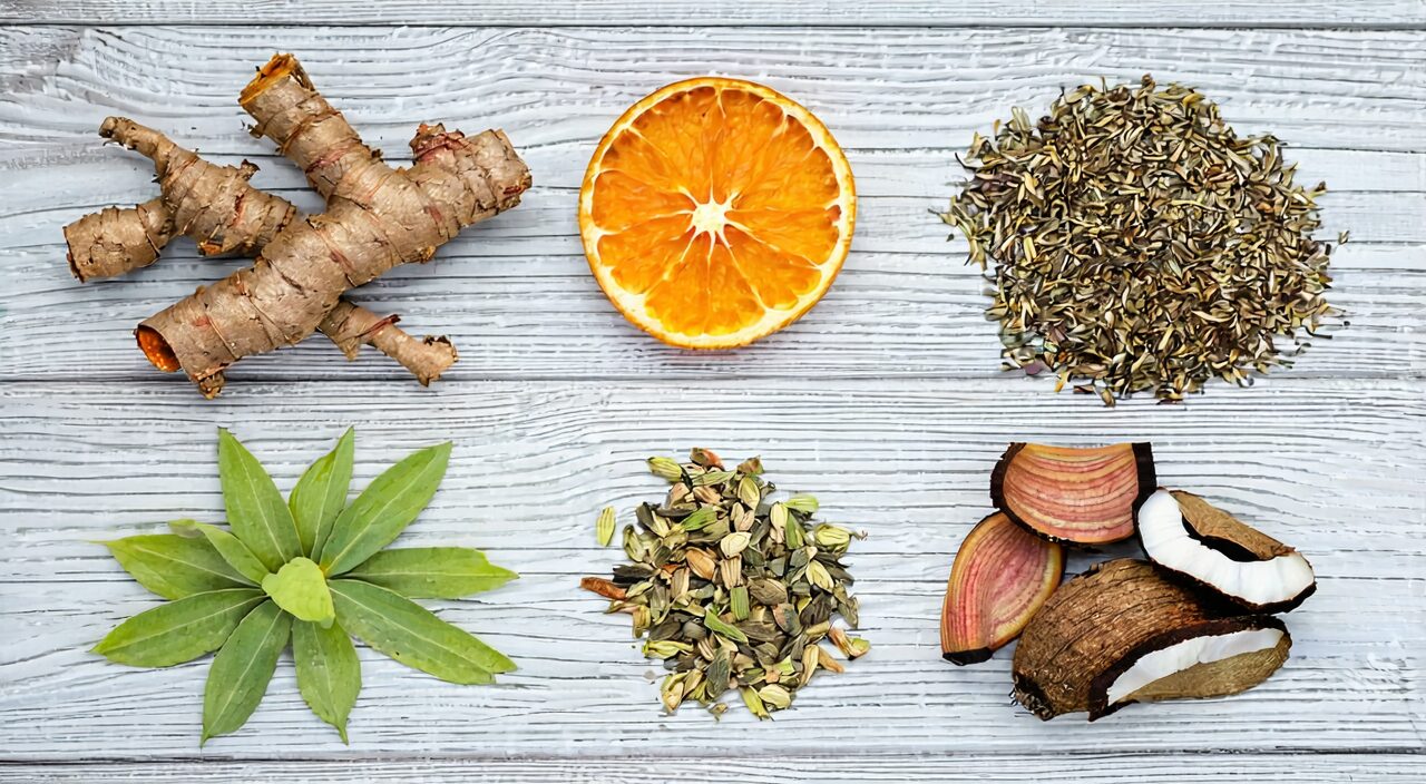 A flat lay image of some common constituent herbs in Zhi Shi Dao Zhi Wan