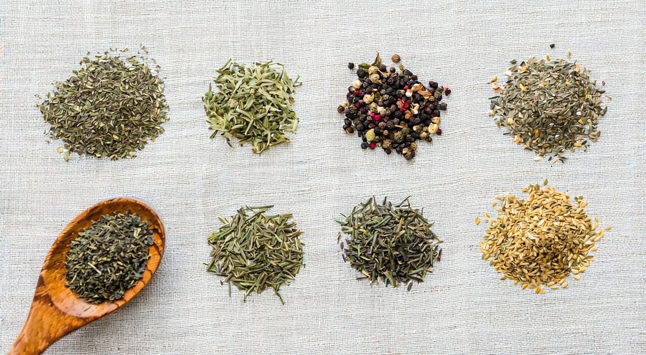 Seven dried Chinese herbs neatly arranged, corresponding to the ingredients of Zhisou San