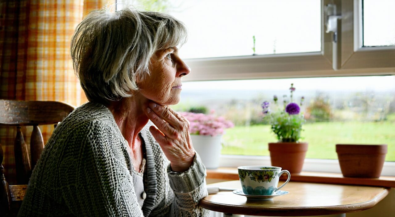 A woman sitting by the window gently touching her throat, showing the typical state of post-external-pathogen throat itching and cough