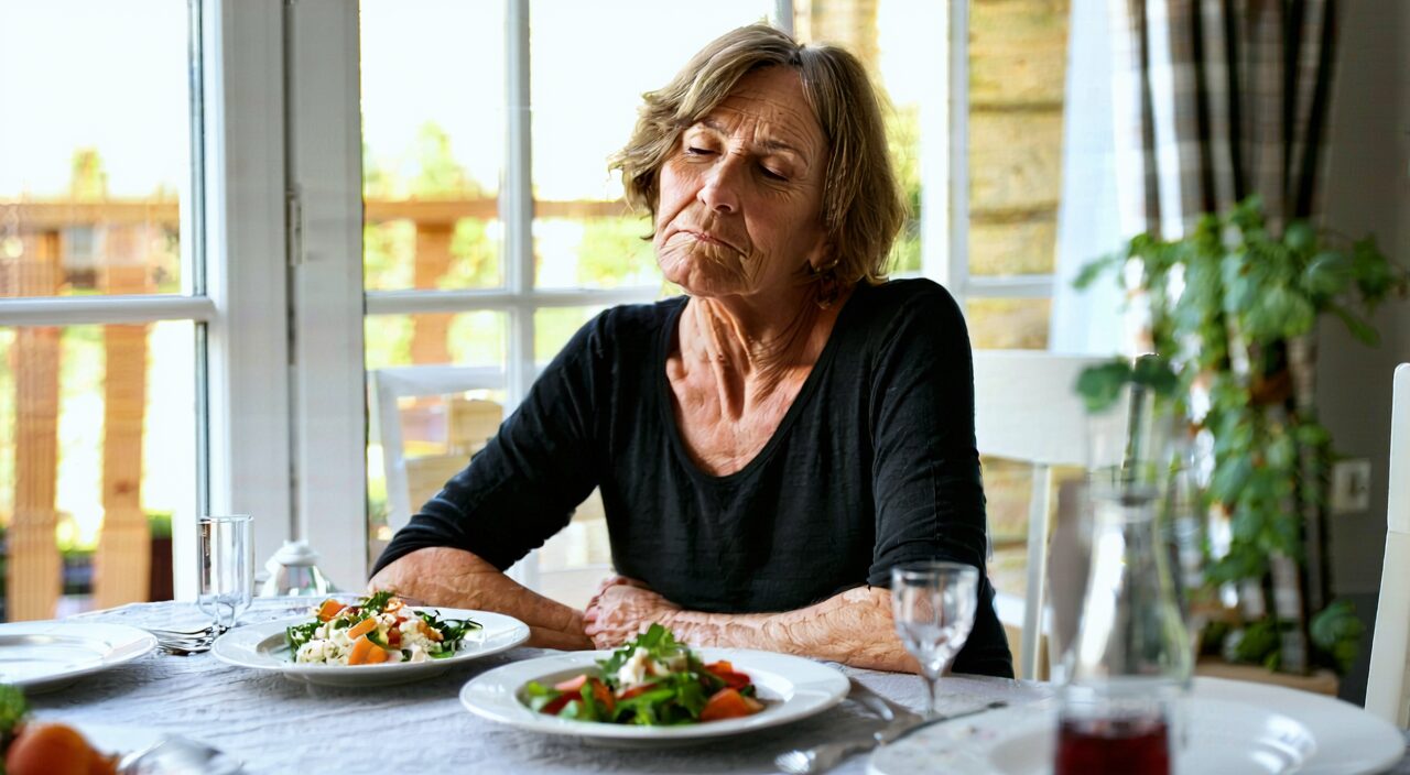 A person sitting quietly at a dining table after a meal, gently touching the stomach with a slightly tired expression