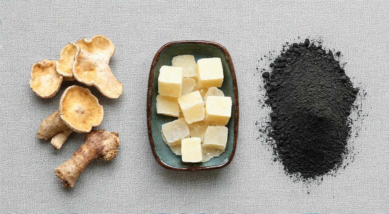 Flat lay overhead shot of the five herbal ingredients of Polyporus Decoction
