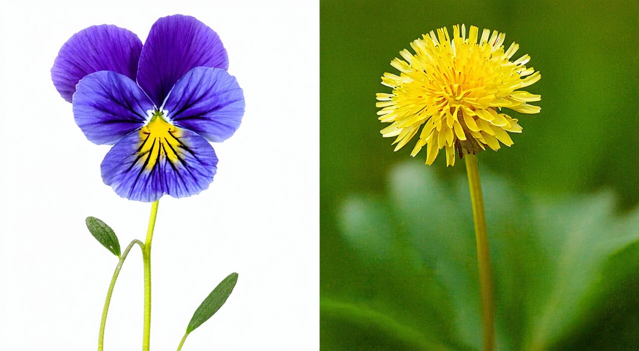 左侧紫花地丁紫色花朵,右侧蒲公英黄色花朵,对比叶片形态