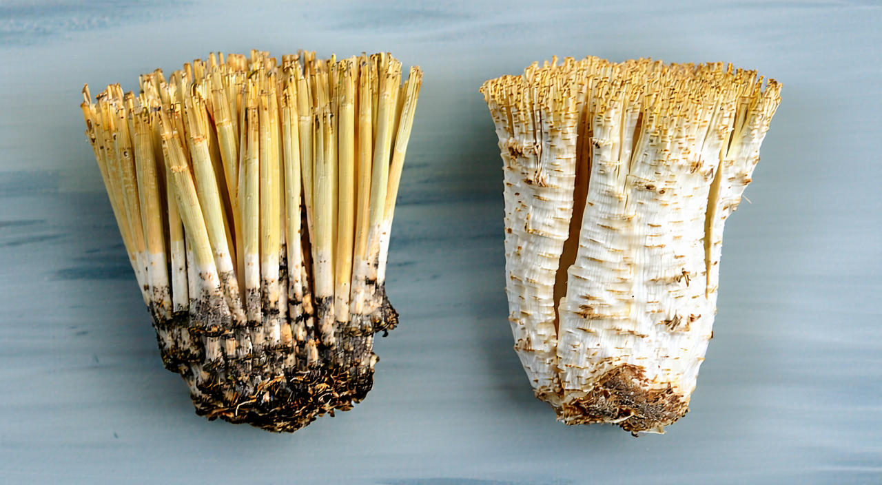 Comparison of Bai Mao Gen and Lu Gen, with the slender rhizome on the left being Bai Mao Gen and the thick rhizome on the right being Lu Gen