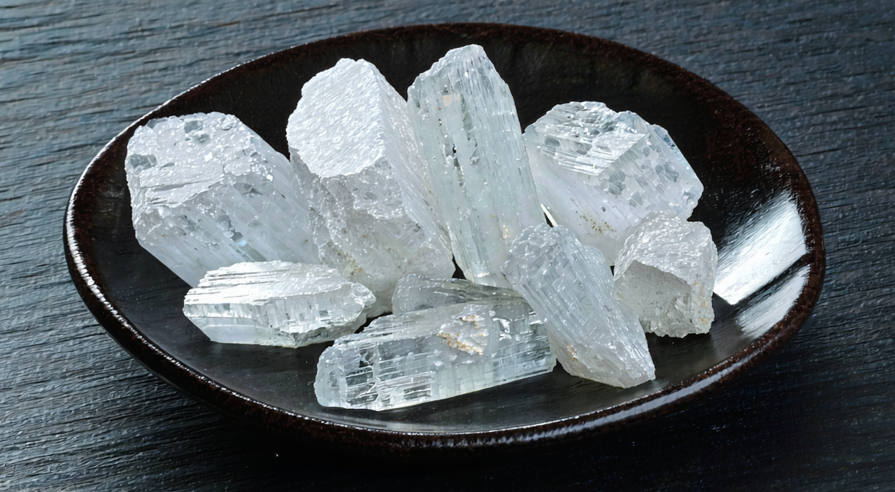 Semi-transparent white crystalline flakes of Chinese medicine Bingpian (borneol)