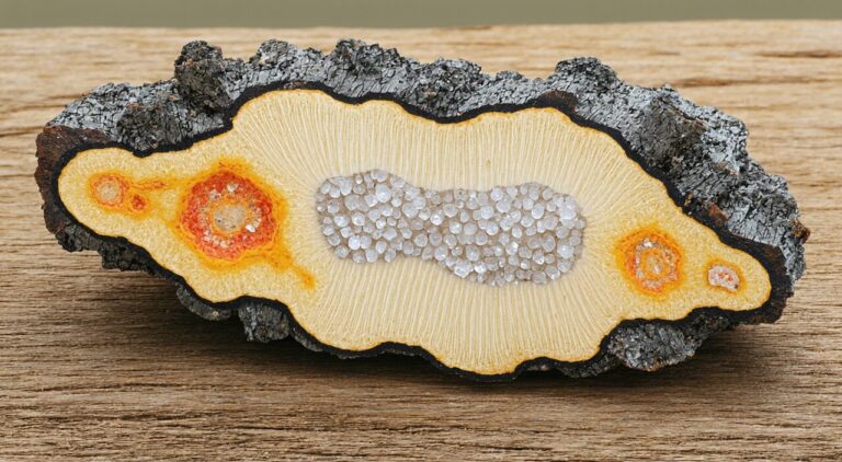 Dried Atractylodes lancea rhizome with cross-section showing cinnabar dots and white hair-like crystals.