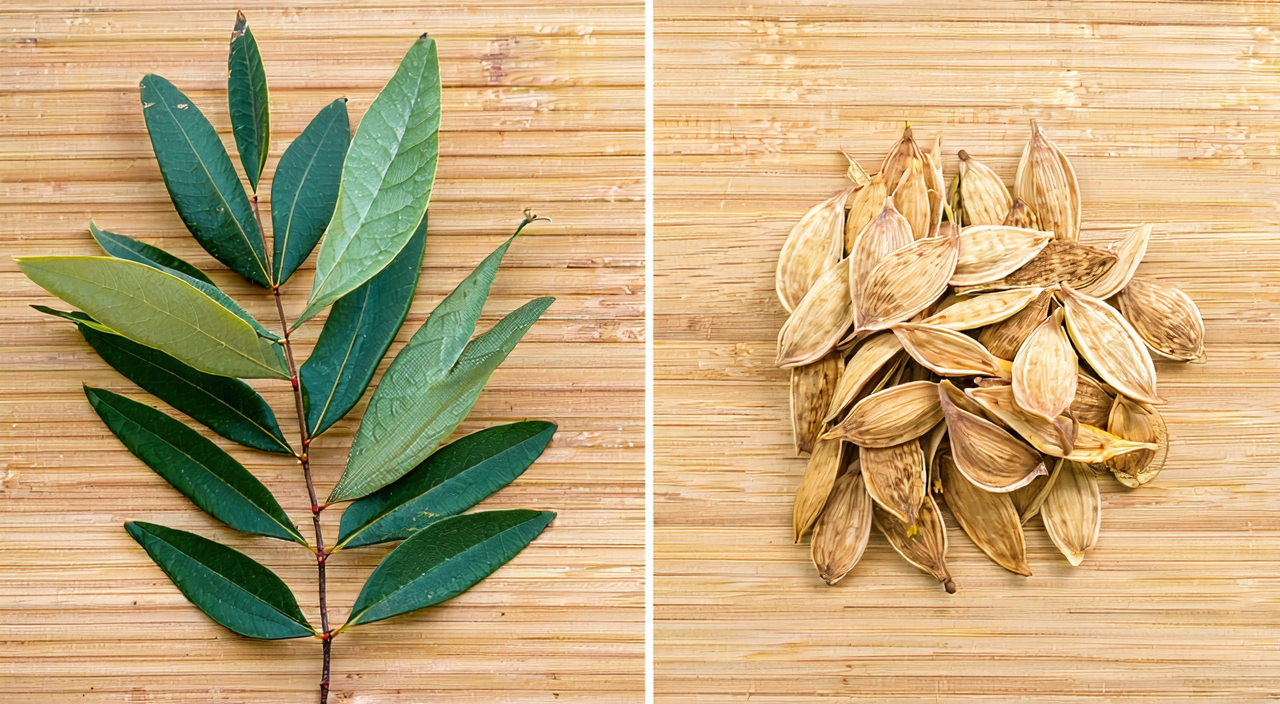 侧柏叶干燥枝梢与柏子仁种仁对比