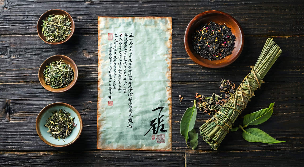 传统中药配方场景,含草药和方剂纸页,不作药效暗示