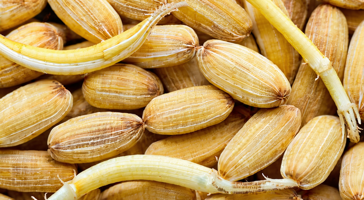 Close-up of rice sprout highlighting yellow husk and curved sprout.