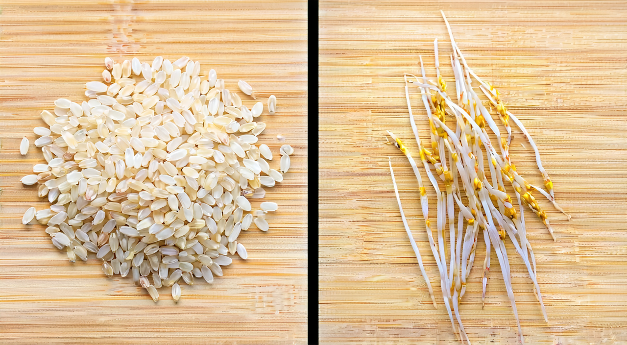 Comparison of ungerminated rice grains and germinated rice sprouts.