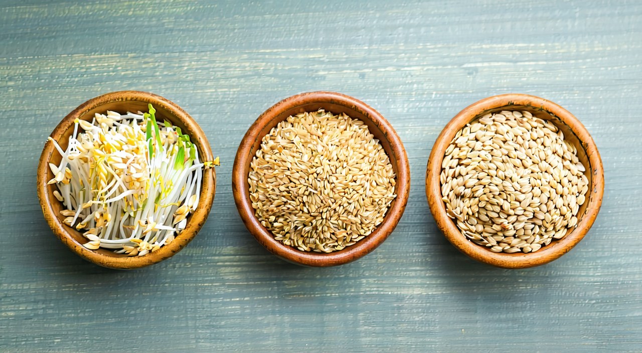 Comparison of the appearance of rice sprout, barley sprout, and millet sprout.