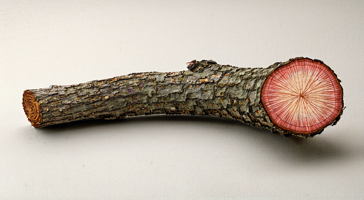 Appearance of Di Yu root, showing grayish-brown exterior and radial patterns on the reddish-brown cross-section
