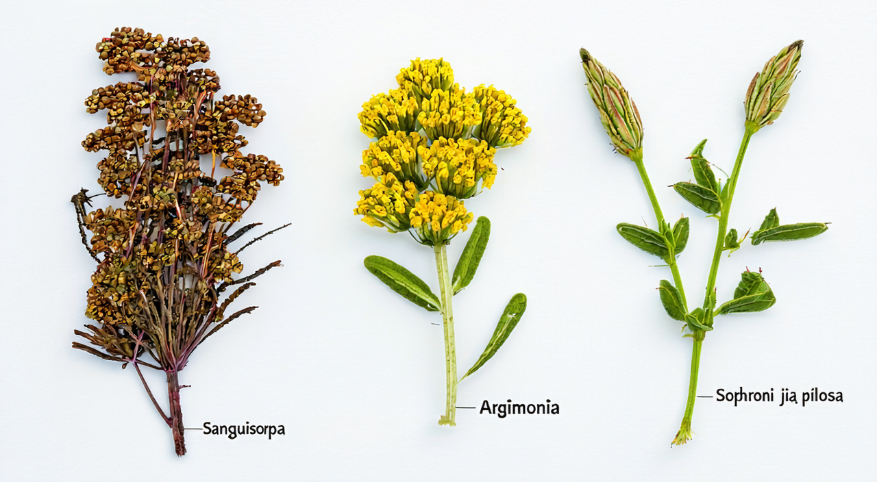 Side-by-side comparison of Di Yu root slices, Xian He Cao whole herb, and Huai Hua flower buds, showing the visual differences among the three herbs