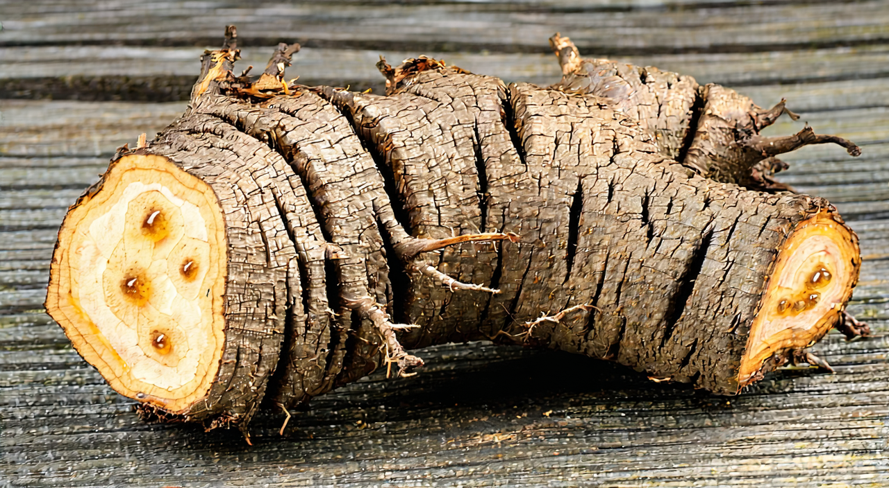 Duhuo root with a large root head, many branching roots, and grayish-brown surface features