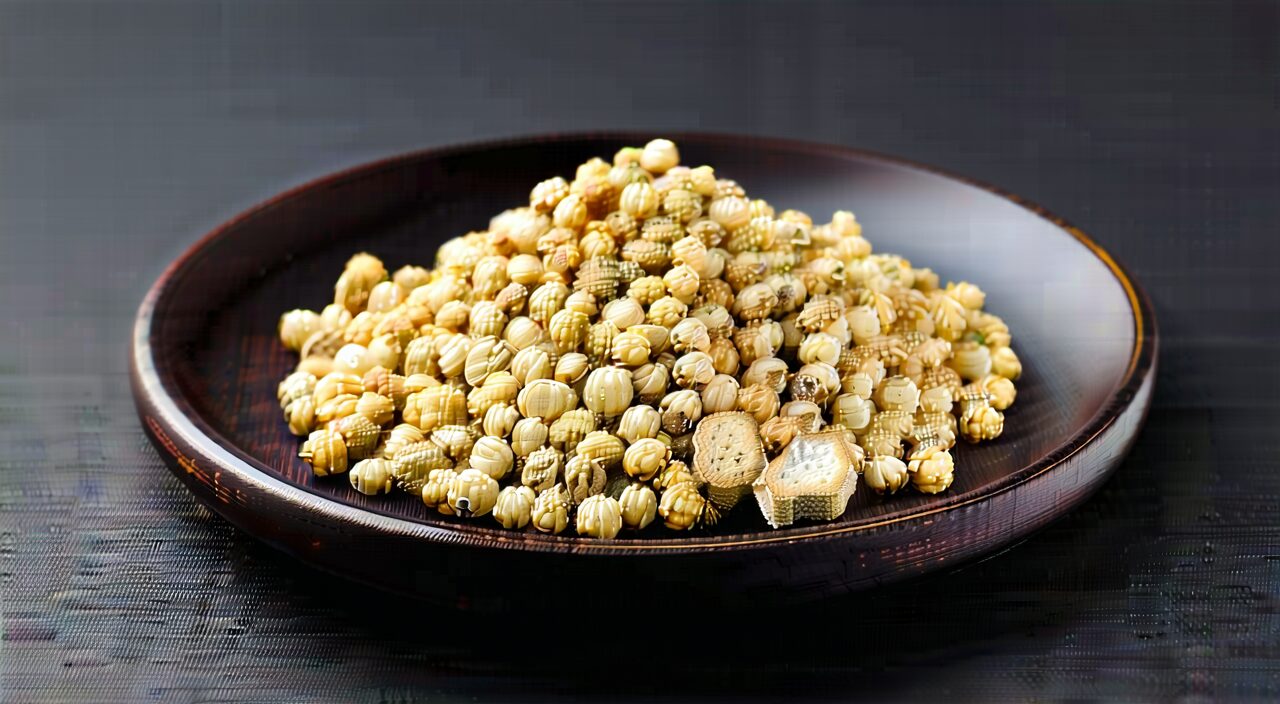 Fa Ban Xia granules showing yellowish-white surface and starchy texture
