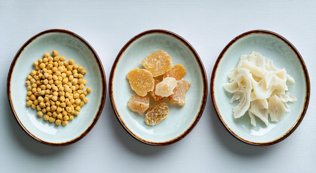Comparison plate of Fa Ban Xia, Jiang Ban Xia, and Qing Ban Xia processed pieces