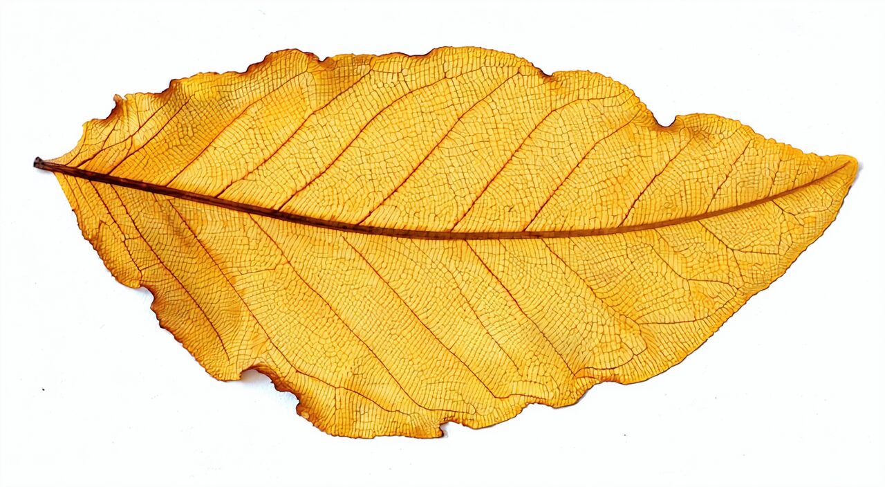 Botanical close-up of a single senna leaflet showing the lanceolate shape, asymmetrical base, and prominent veins