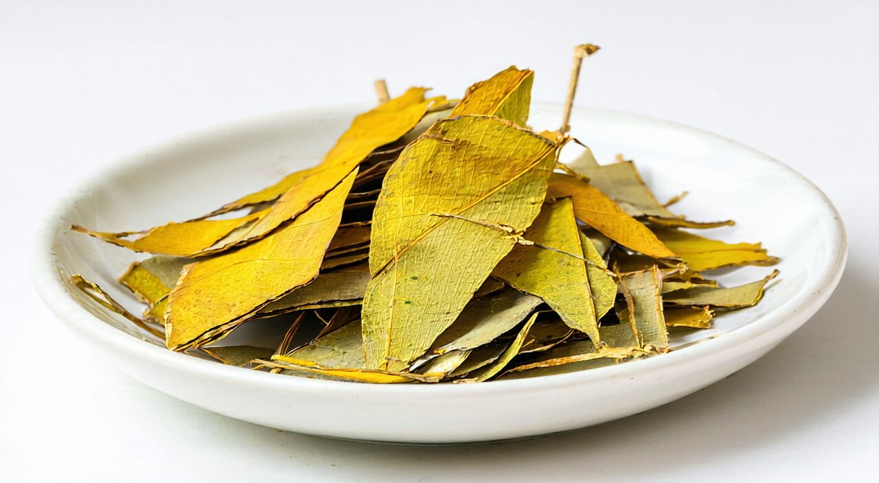 Dried senna leaflet fragments piled in a light-colored vessel; only leaf pieces are visible, without petioles or stems