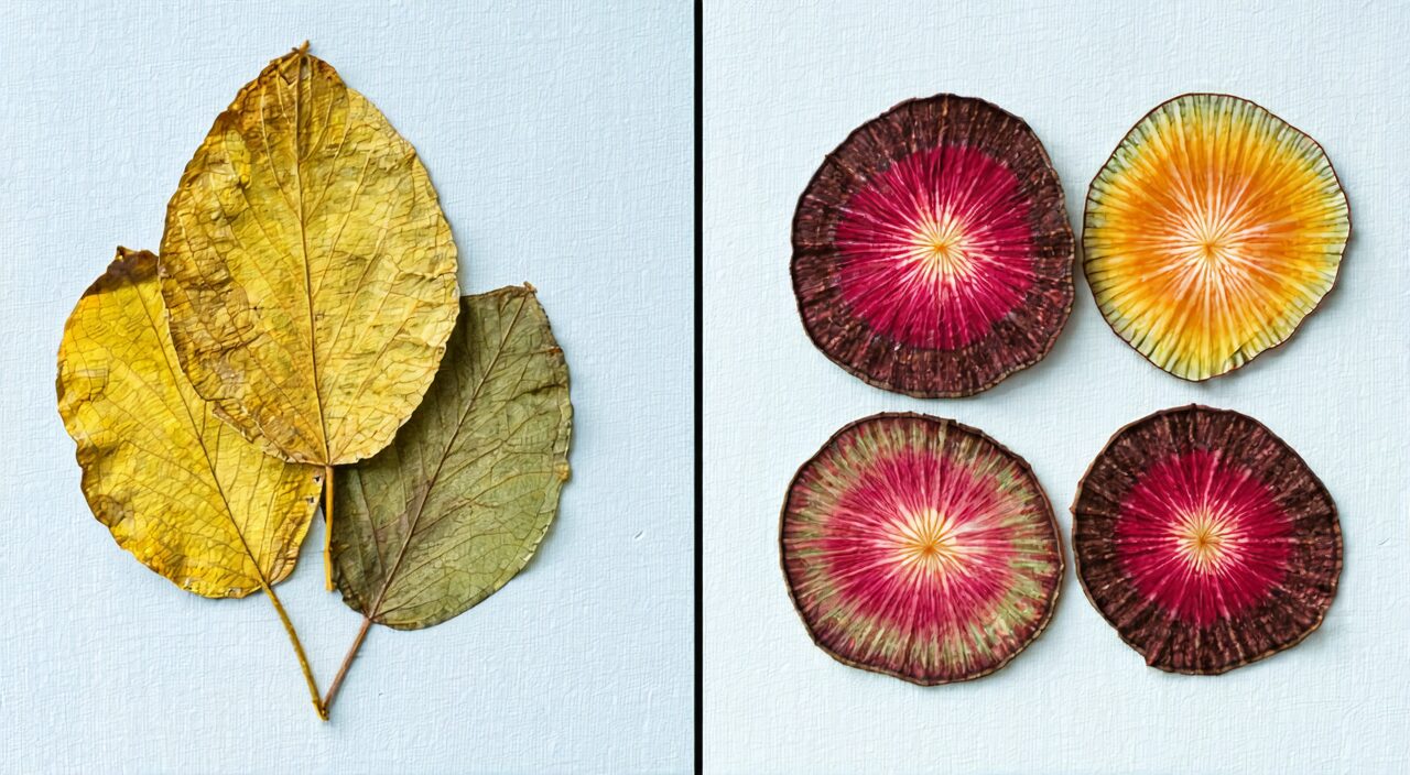 Senna leaf and rhubarb differ in color: yellowish-green leaflets on the left and brownish-yellow root slice on the right