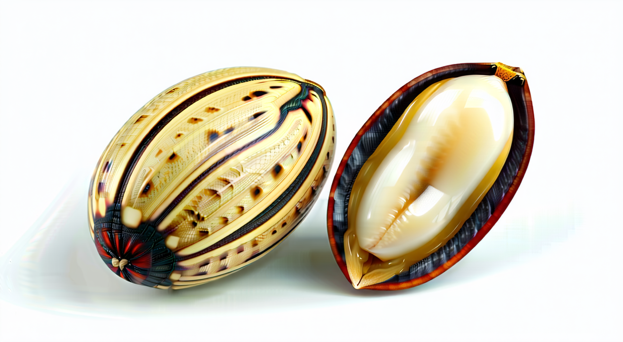 Comparison of whole and cut-open Torreya seeds, showing oily kernel and hard shell with a longitudinal groove