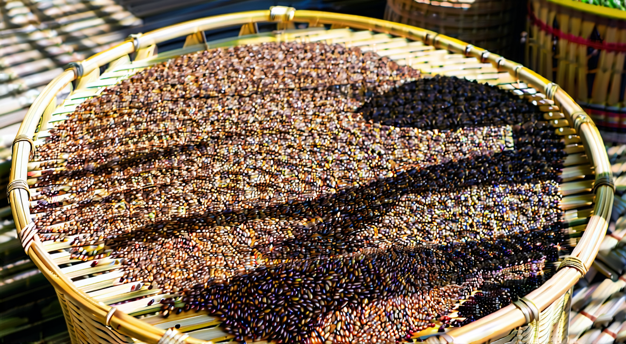 Torreya seeds drying in a bamboo tray, illustrating processing of the medicinal part