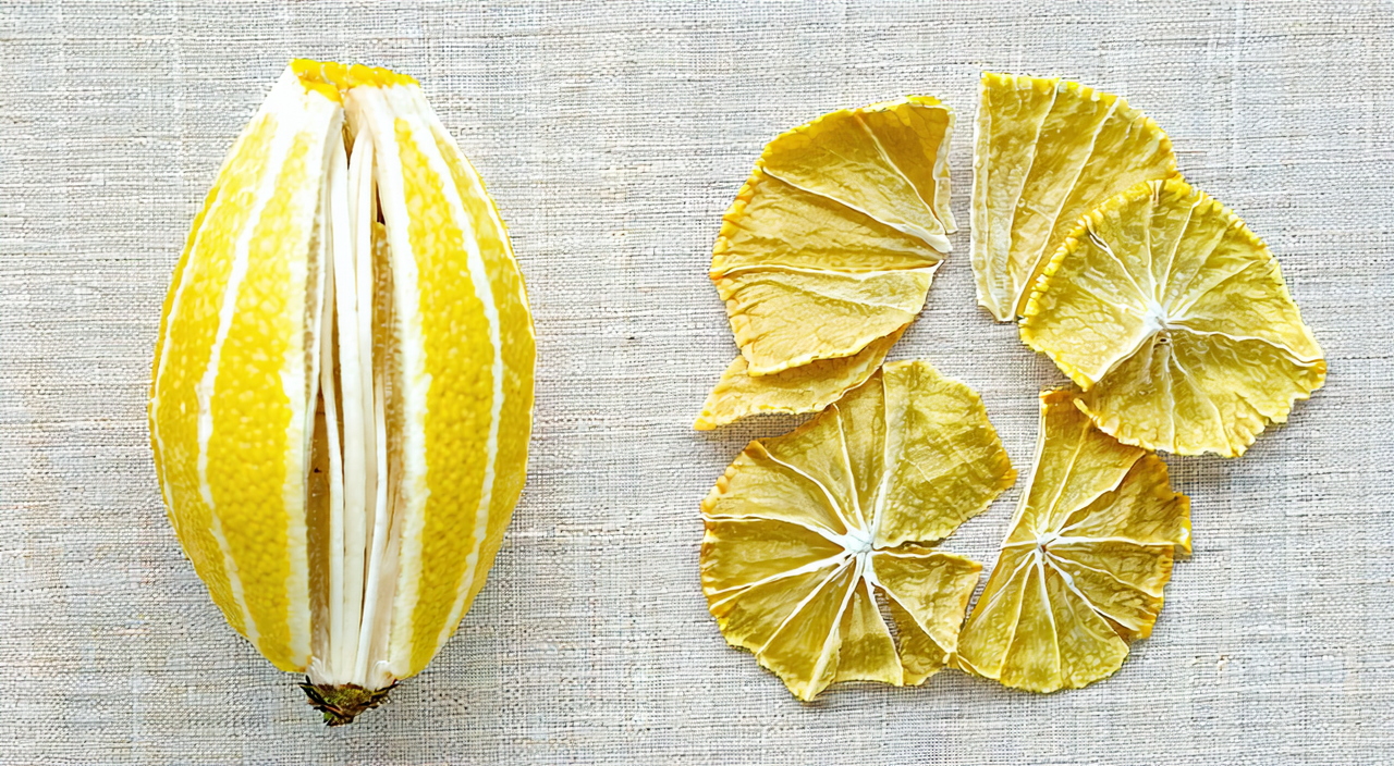 Comparison of fresh Buddha's hand fruit and longitudinally cut dried medicinal slices