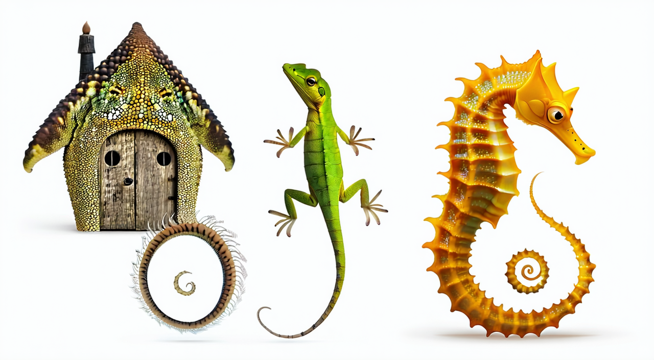 Comparison of gecko, common house gecko, and seahorse