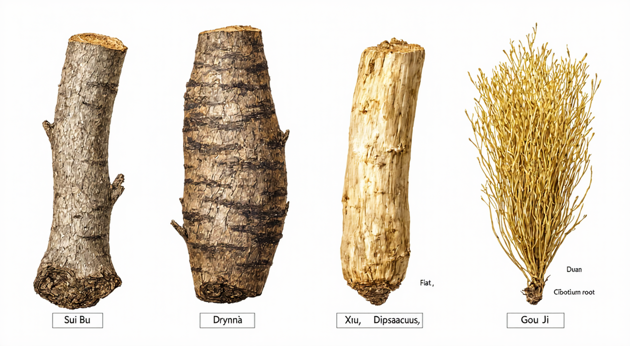 Comparison of the appearance of Gusuibu, Dipsacus, and Cibotium