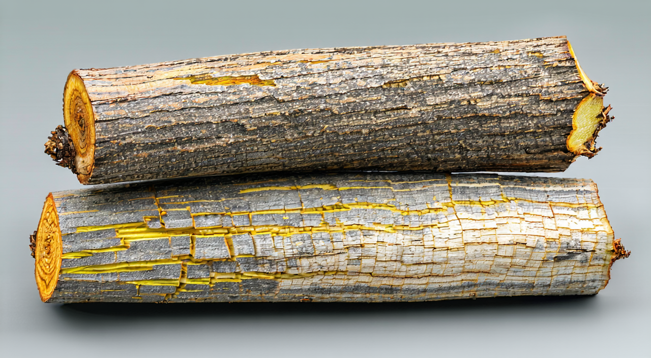 Flattened cylindrical dried Hai Feng Teng vine stems and their cross-section characteristics