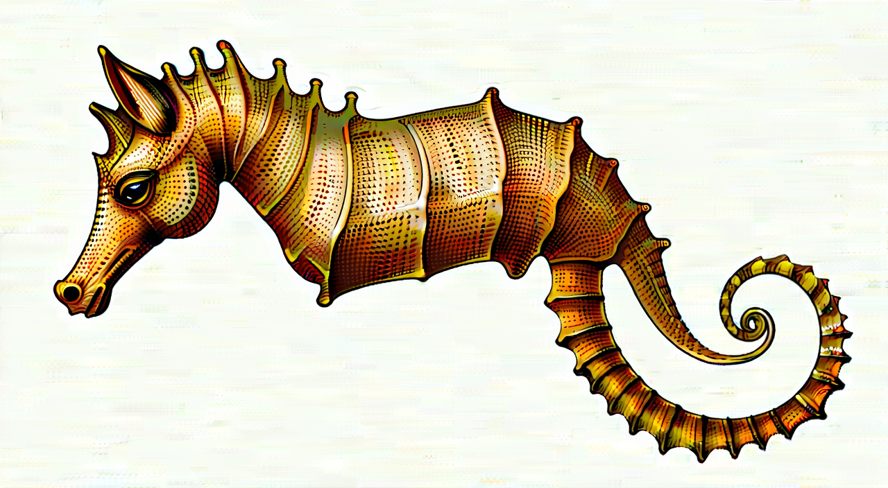 Illustration of seahorse head, trunk bone rings, and coiled tail features