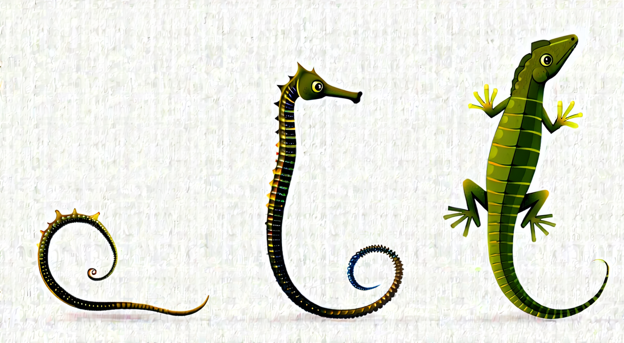 Illustration comparing the morphology of seahorse, sea dragon, and gecko