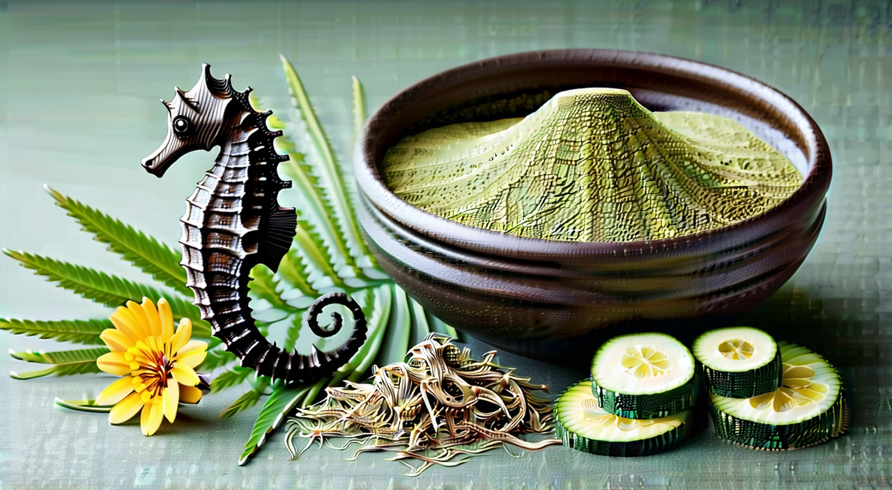 Conceptual image of traditional formula ingredients containing seahorse