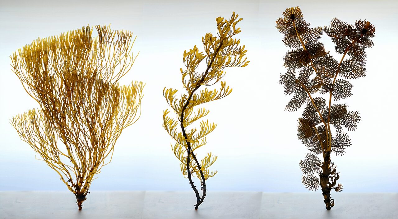 Side-by-side comparison of three dried seaweeds: branched Hai Zao, broad-leaved Kun Bu, and ribbon-like kelp.